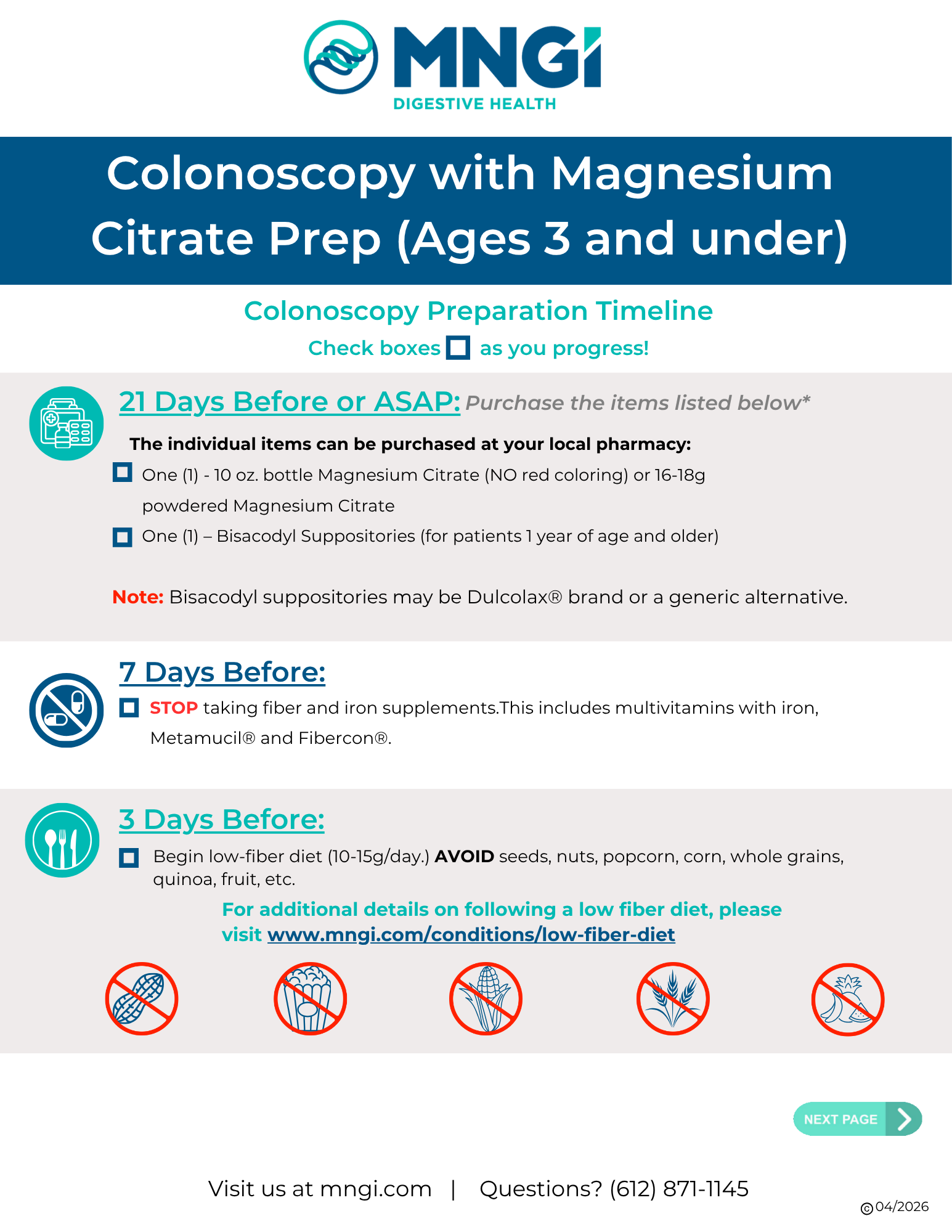 Colonoscopy with Magnesium Citrate Prep (Ages 3 and Under)
