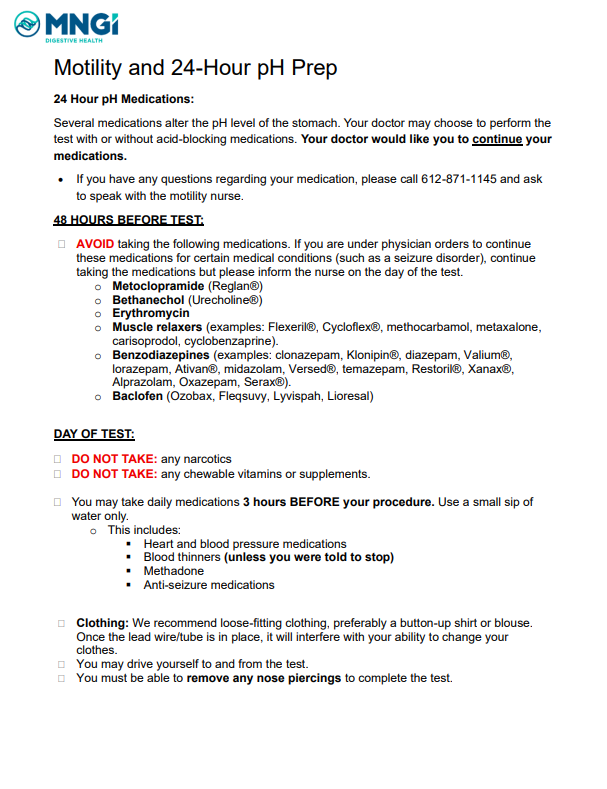 Motility and 24 hour pH Test Prep On Medications