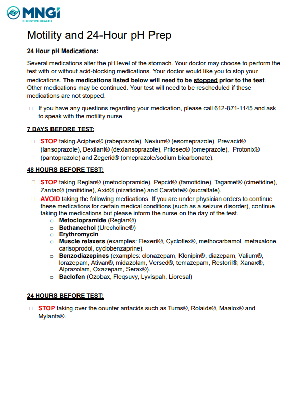 Motility and 24 hour pH Test Prep Off Medication