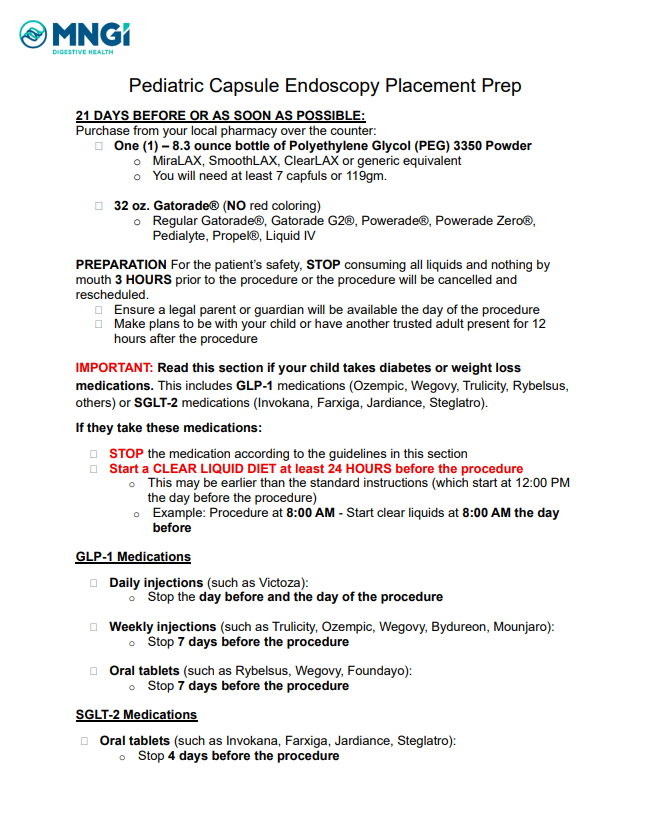 Peds Capsule Endoscopy Placement