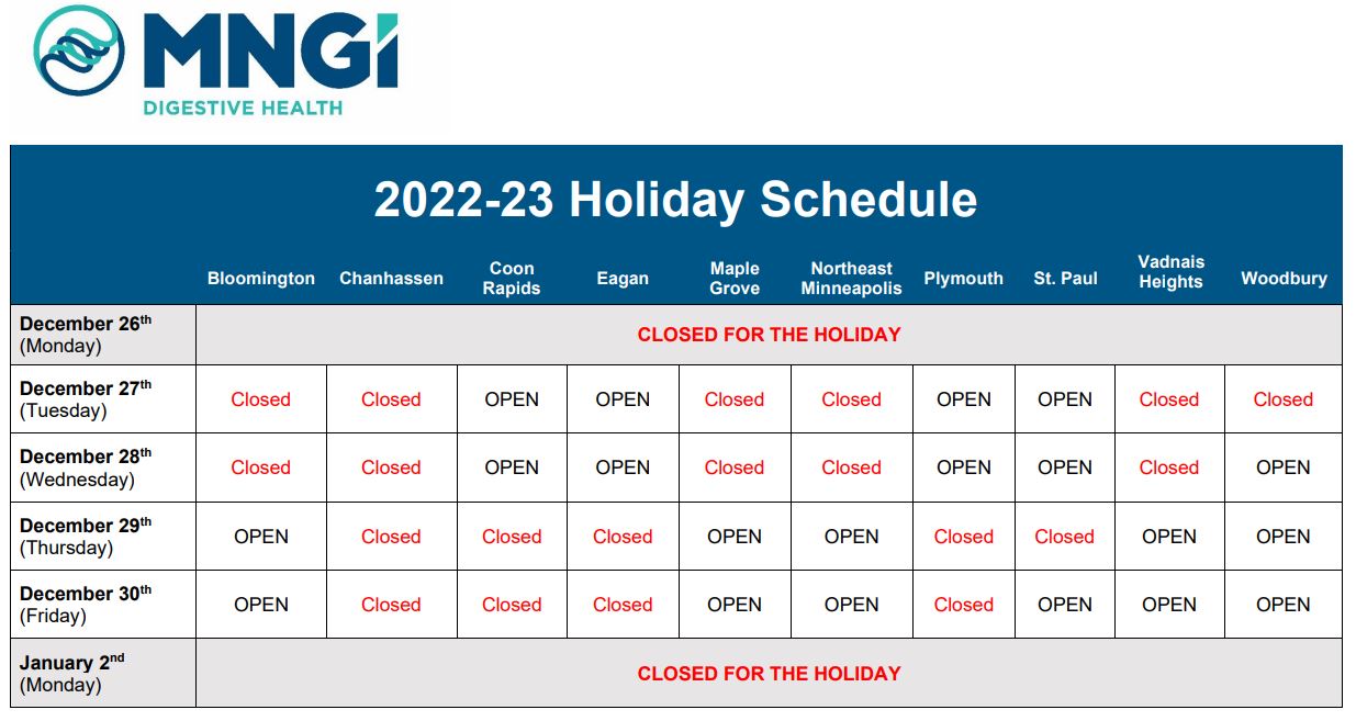 MNGI Digestive Health 2022-23 Holiday Hours